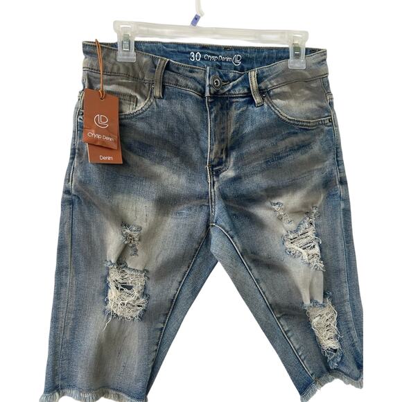 ─୨ৎ─ Men's Crysp Denim Jean Short Frankie Blue Distressed Size 30 (DS-5D) ❌ - Picture 1 of 6